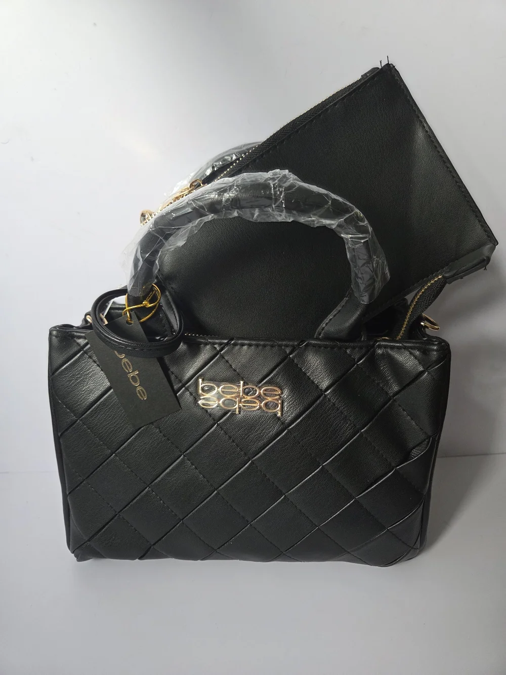 bebe Black Quilted Satchel Textured Hand Bag With Makeup Pouch